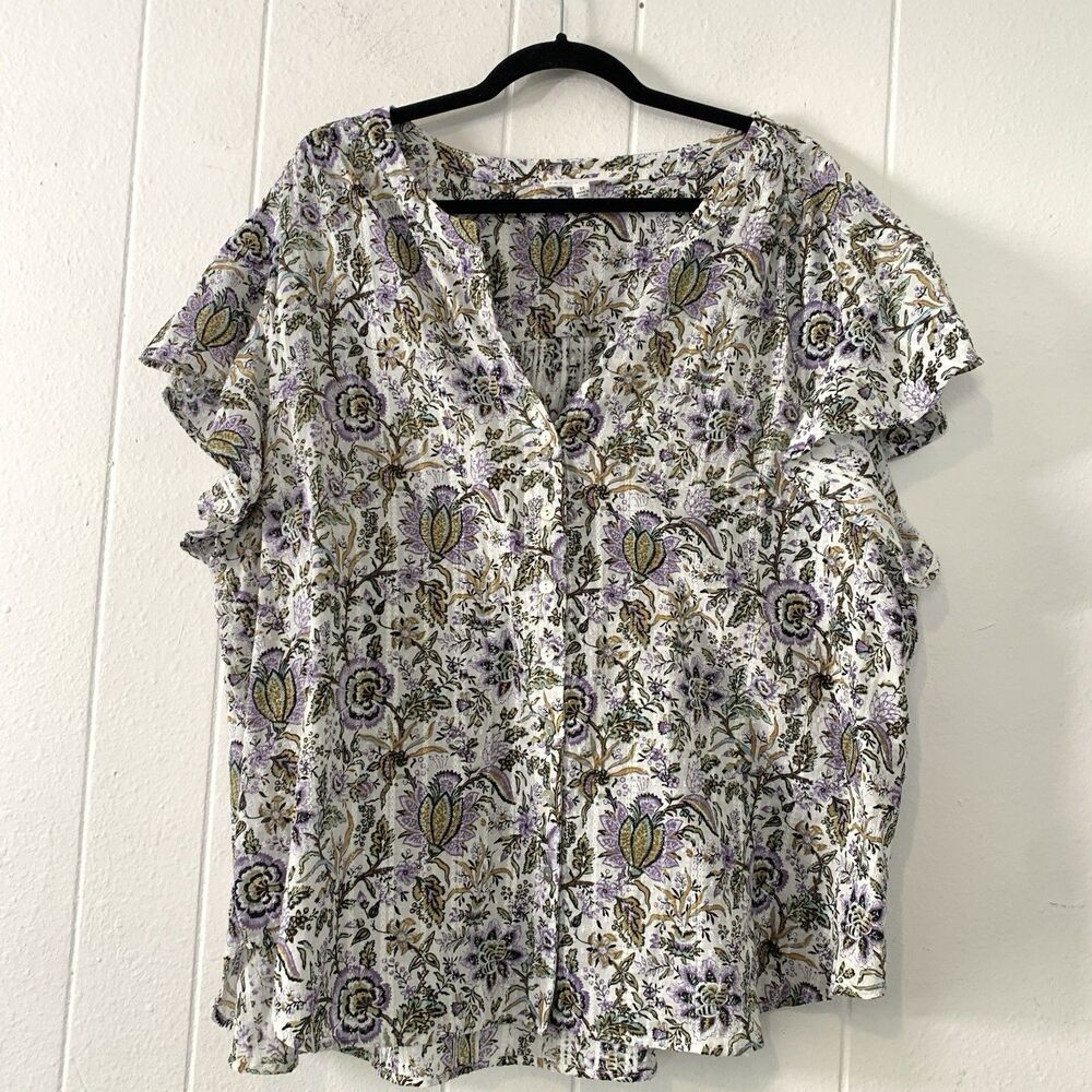 Jane and Delancey Womens 3X Shirt Button Up Flutter Sleeve Paisley Floral Purple